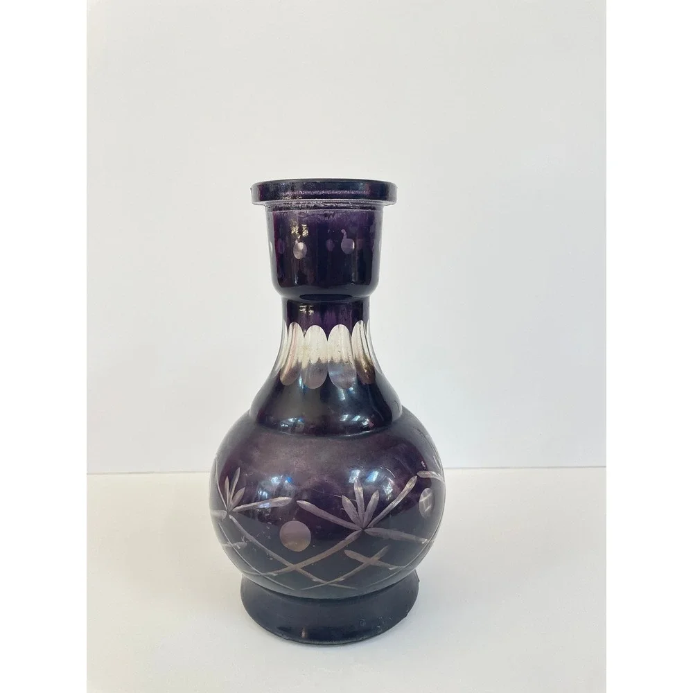 Vintage Amethyst Purple Etched Glass Vase Bohemian Cut to Clear Floral 7.5 Inch
